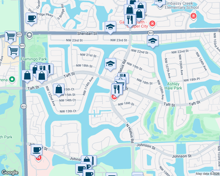 map of restaurants, bars, coffee shops, grocery stores, and more near 1685 North Hiatus Road in Pembroke Pines