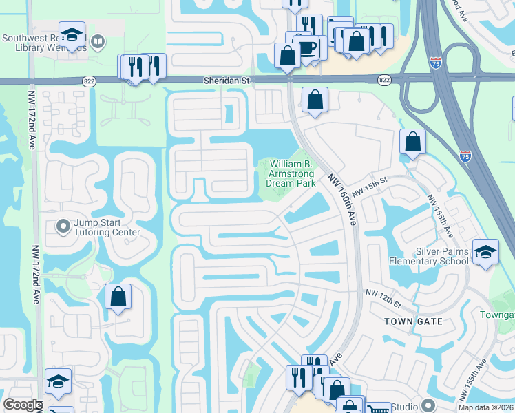 map of restaurants, bars, coffee shops, grocery stores, and more near 16341 Northwest 16th Street in Pembroke Pines