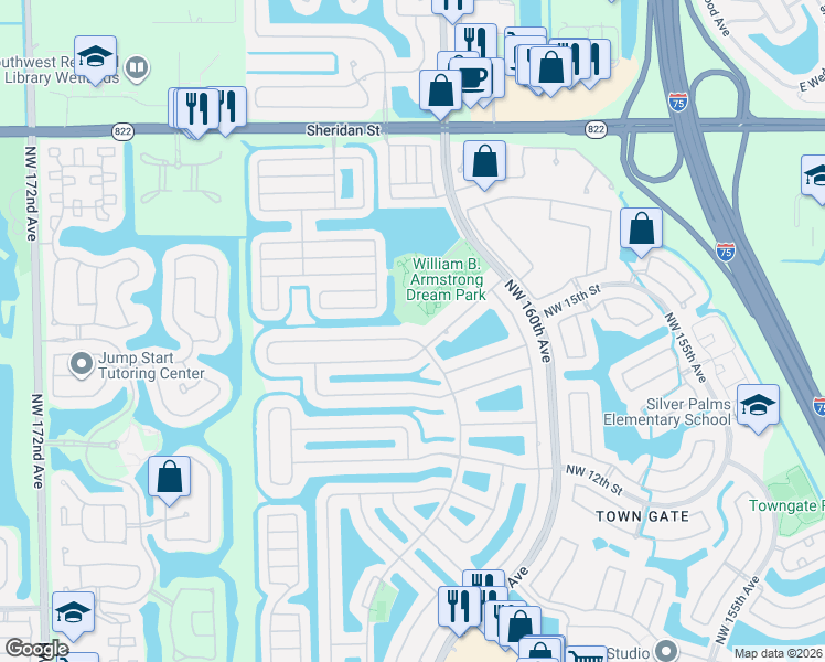 map of restaurants, bars, coffee shops, grocery stores, and more near 16341 Northwest 16th Street in Pembroke Pines