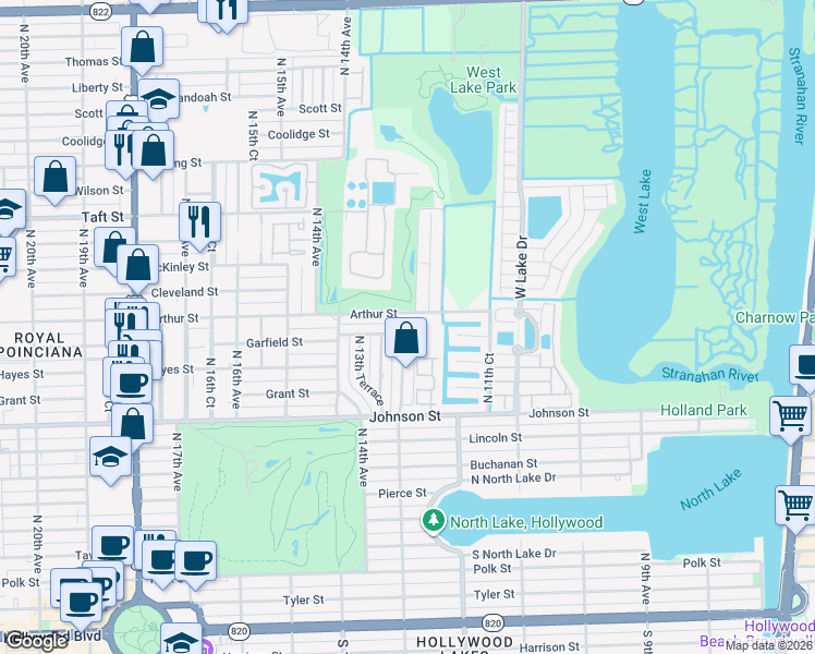 map of restaurants, bars, coffee shops, grocery stores, and more near 1243 Garfield Street in Hollywood