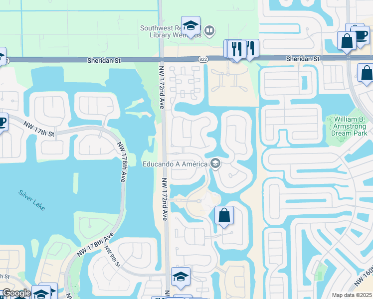 map of restaurants, bars, coffee shops, grocery stores, and more near 17011 Northwest 17th Street in Pembroke Pines