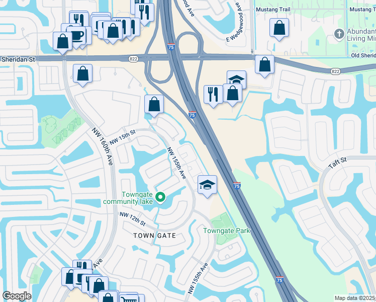 map of restaurants, bars, coffee shops, grocery stores, and more near 1429 Northwest 154th Lane in Pembroke Pines