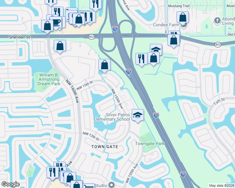 map of restaurants, bars, coffee shops, grocery stores, and more near 1477 Northwest 156th Avenue in Pembroke Pines