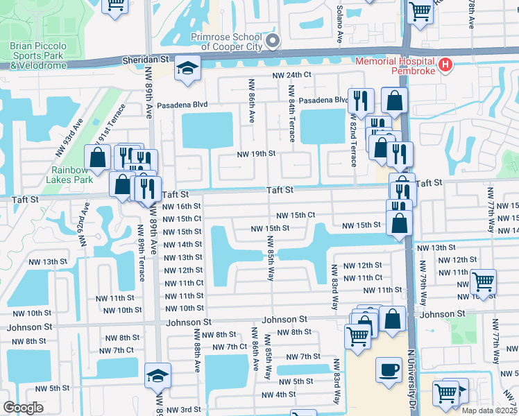 map of restaurants, bars, coffee shops, grocery stores, and more near 8551 Northwest 15th Court in Pembroke Pines