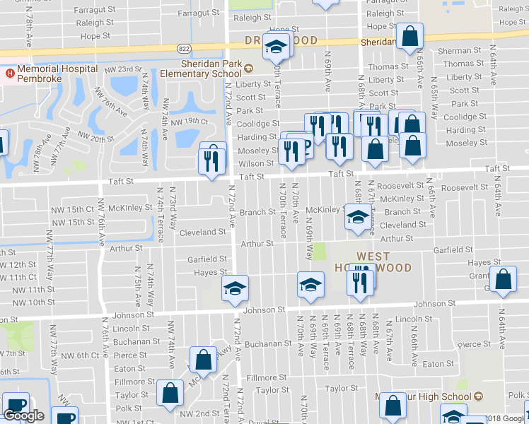 map of restaurants, bars, coffee shops, grocery stores, and more near 7099 Branch Street in Hollywood