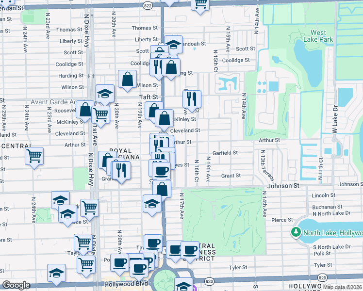 map of restaurants, bars, coffee shops, grocery stores, and more near 1215 North 17th Court in Hollywood