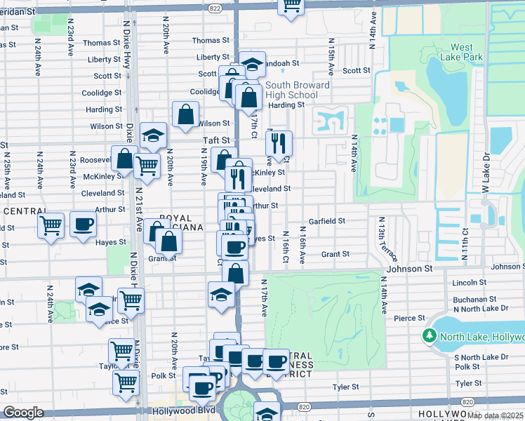 map of restaurants, bars, coffee shops, grocery stores, and more near 1215 North 17th Court in Hollywood