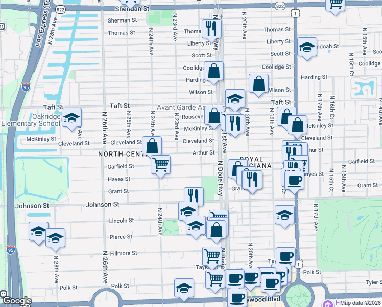 map of restaurants, bars, coffee shops, grocery stores, and more near 2234 Arthur Street in Hollywood
