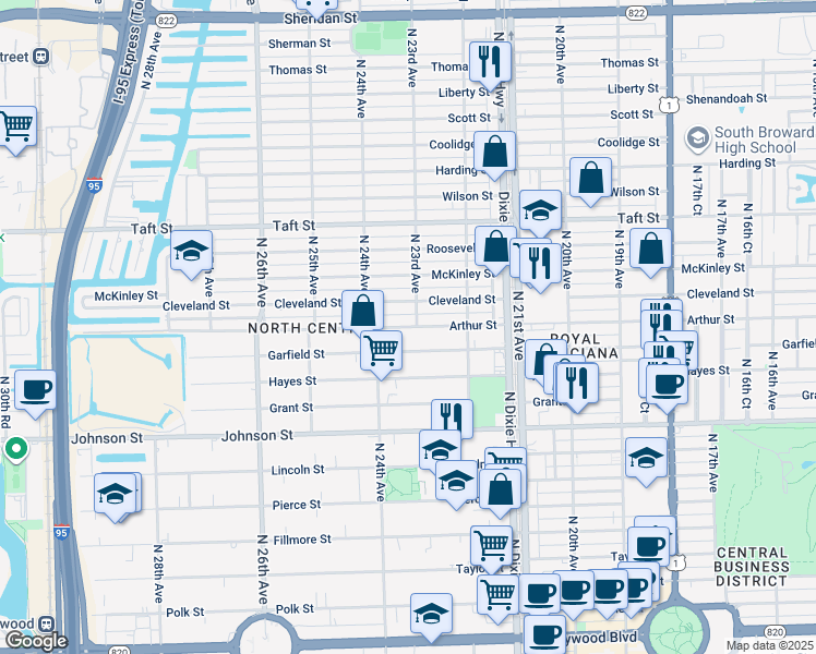 map of restaurants, bars, coffee shops, grocery stores, and more near 2320 Arthur Street in Hollywood
