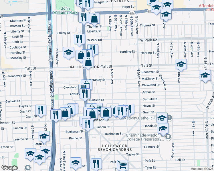 map of restaurants, bars, coffee shops, grocery stores, and more near 5807 Cleveland Street in Hollywood