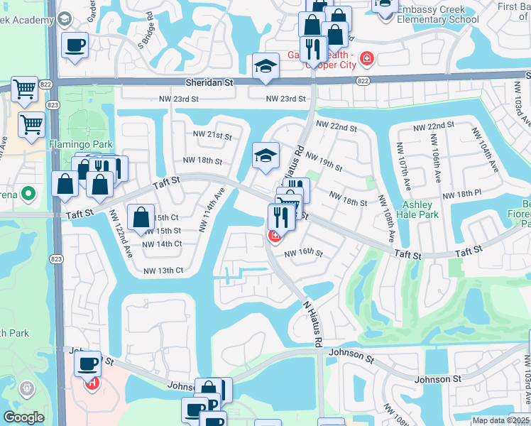 map of restaurants, bars, coffee shops, grocery stores, and more near 1685 North Hiatus Road in Pembroke Pines