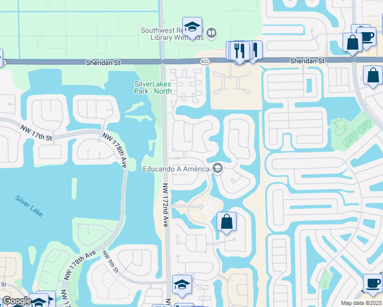 map of restaurants, bars, coffee shops, grocery stores, and more near 17011 Northwest 17th Street in Pembroke Pines