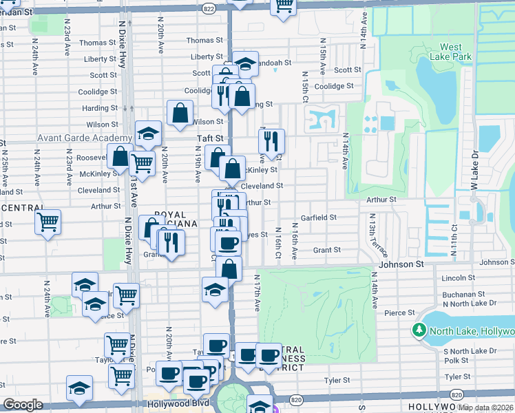 map of restaurants, bars, coffee shops, grocery stores, and more near 1215 North 17th Court in Hollywood