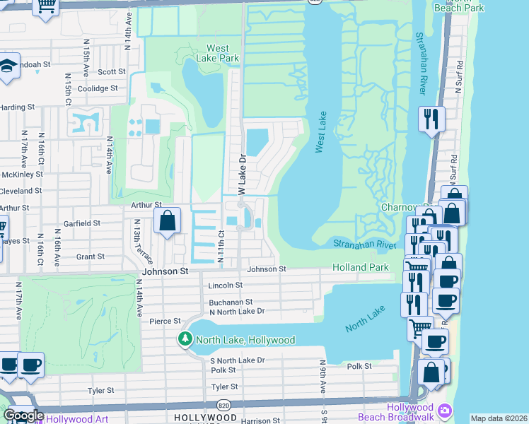 map of restaurants, bars, coffee shops, grocery stores, and more near 1224 Weeping Willow Way in Hollywood
