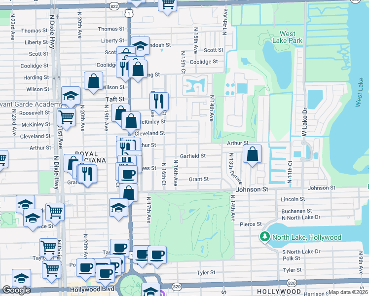 map of restaurants, bars, coffee shops, grocery stores, and more near in Hollywood