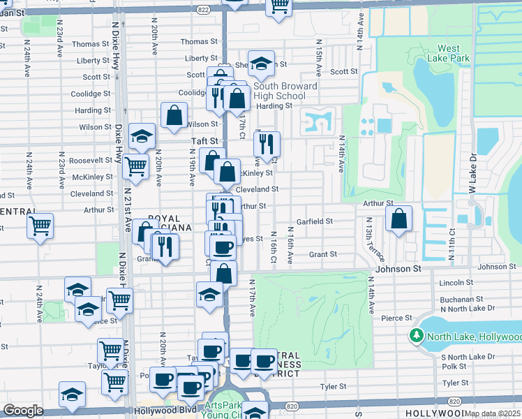 map of restaurants, bars, coffee shops, grocery stores, and more near 1210 North 16th Court in Hollywood
