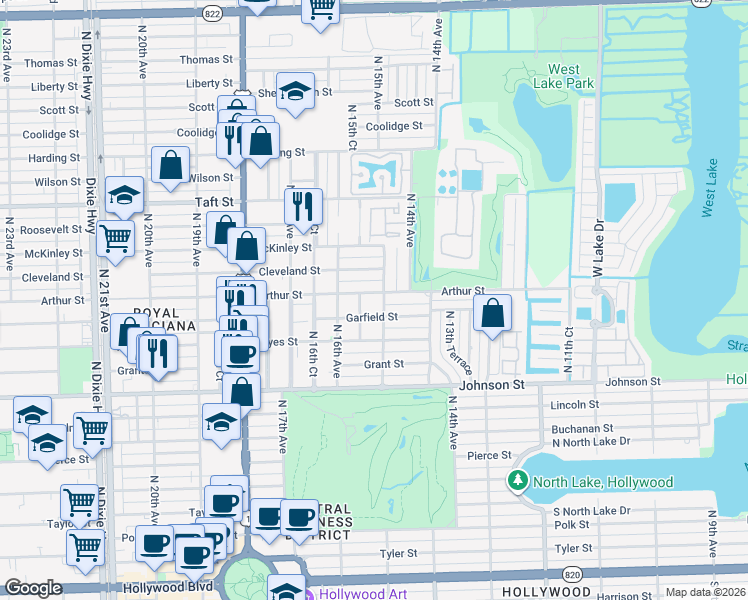 map of restaurants, bars, coffee shops, grocery stores, and more near 1507 Garfield Street in Hollywood