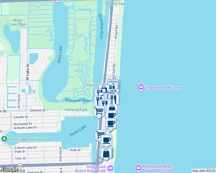map of restaurants, bars, coffee shops, grocery stores, and more near 398 Garfield Street in Hollywood