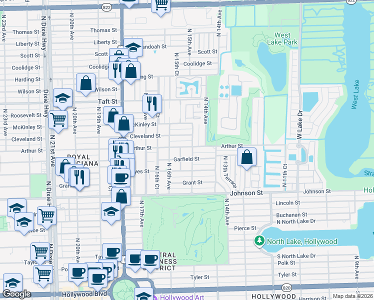 map of restaurants, bars, coffee shops, grocery stores, and more near 1507 Garfield Street in Hollywood
