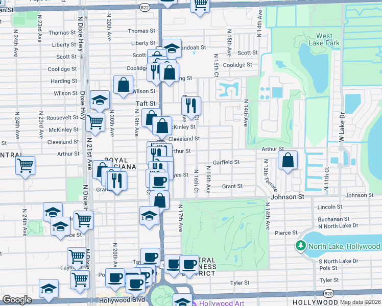 map of restaurants, bars, coffee shops, grocery stores, and more near 1210 North 16th Court in Hollywood