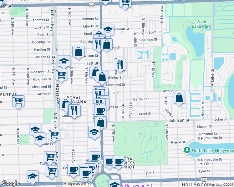 map of restaurants, bars, coffee shops, grocery stores, and more near 1210 North 16th Court in Hollywood