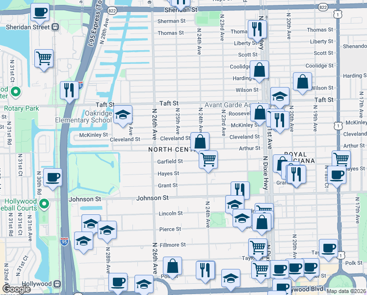 map of restaurants, bars, coffee shops, grocery stores, and more near in Hollywood