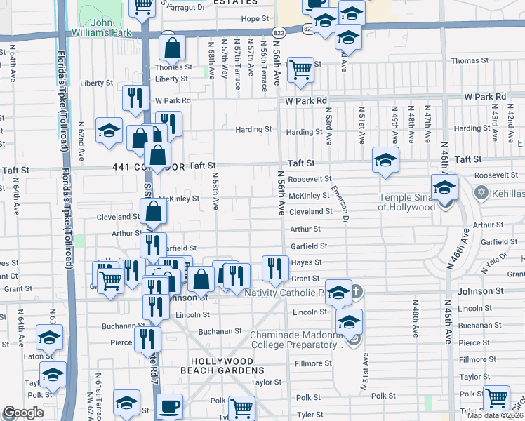 map of restaurants, bars, coffee shops, grocery stores, and more near 5610 Cleveland Street in Hollywood