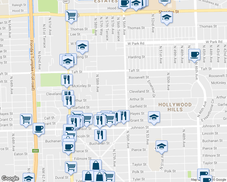 map of restaurants, bars, coffee shops, grocery stores, and more near 5700 Cleveland Street in Hollywood