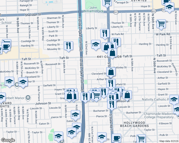 map of restaurants, bars, coffee shops, grocery stores, and more near 6122 Cleveland Street in Hollywood