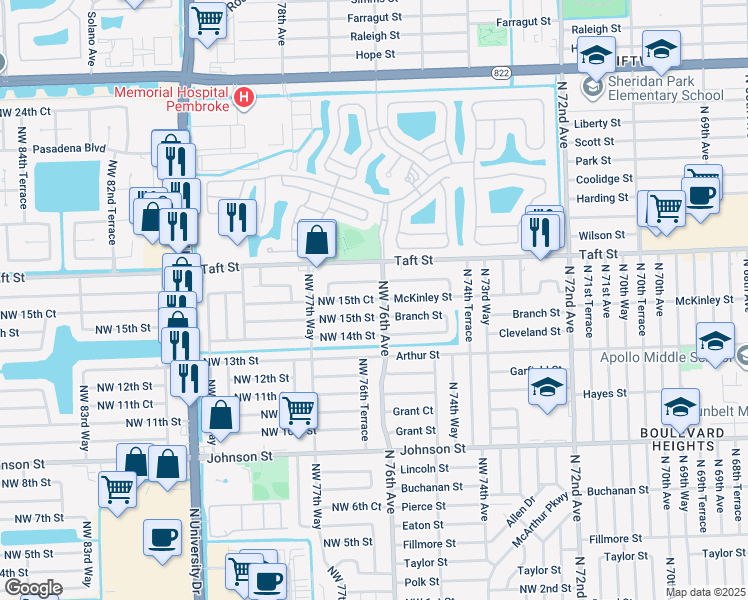 map of restaurants, bars, coffee shops, grocery stores, and more near 7631 Northwest 15th Street in Pembroke Pines