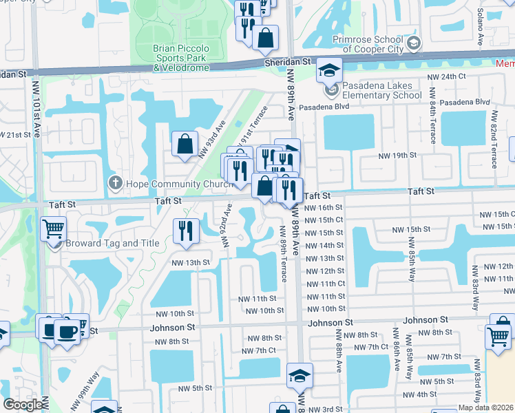 map of restaurants, bars, coffee shops, grocery stores, and more near 1561 Northwest 90th Way in Pembroke Pines
