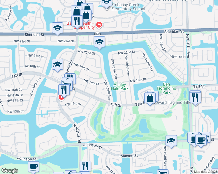 map of restaurants, bars, coffee shops, grocery stores, and more near 1741 Northwest 108th Avenue in Pembroke Pines