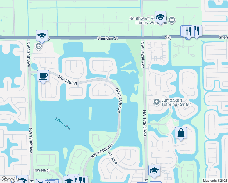 map of restaurants, bars, coffee shops, grocery stores, and more near 17838 Northwest 15th Court in Pembroke Pines