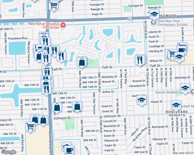 map of restaurants, bars, coffee shops, grocery stores, and more near 7631 Northwest 15th Street in Pembroke Pines