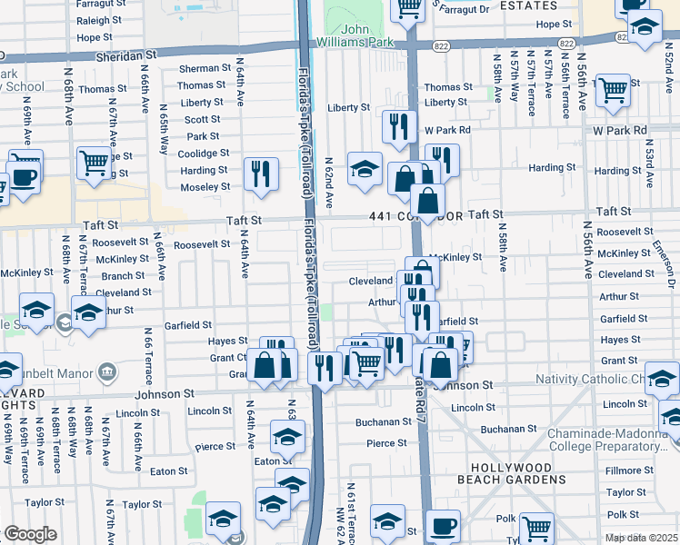 map of restaurants, bars, coffee shops, grocery stores, and more near 6122 Cleveland Street in Hollywood
