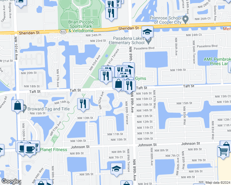 map of restaurants, bars, coffee shops, grocery stores, and more near 1561 Northwest 90th Way in Pembroke Pines