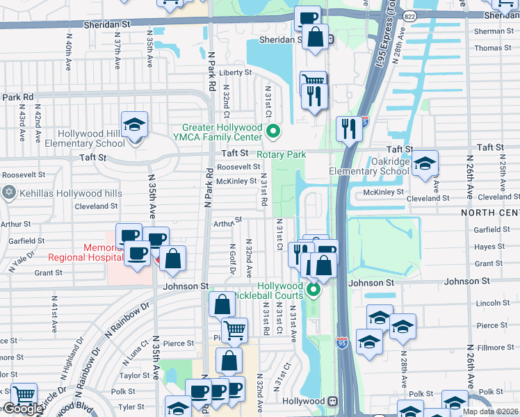 map of restaurants, bars, coffee shops, grocery stores, and more near 1040 North 31st Road in Hollywood