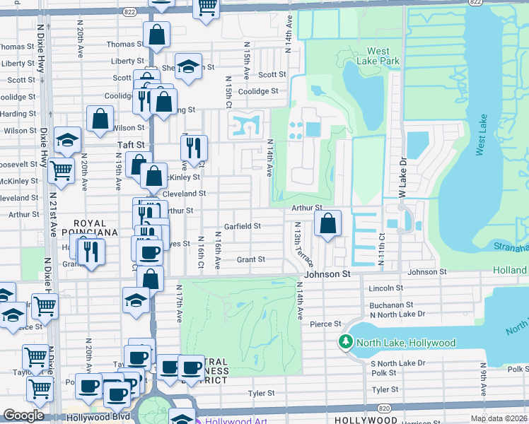 map of restaurants, bars, coffee shops, grocery stores, and more near 1415 Garfield Street in Hollywood