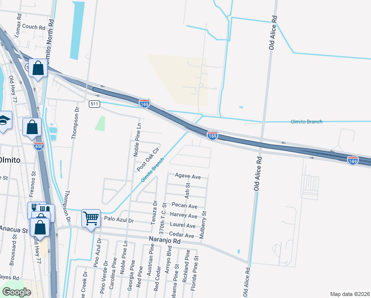 map of restaurants, bars, coffee shops, grocery stores, and more near 7601 Agave Avenue in Brownsville