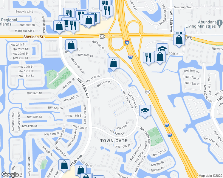 map of restaurants, bars, coffee shops, grocery stores, and more near 15817 Northwest 14th Manor in Pembroke Pines