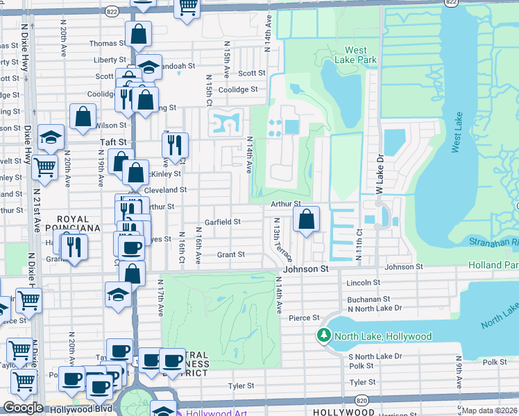 map of restaurants, bars, coffee shops, grocery stores, and more near 1415 Garfield Street in Hollywood