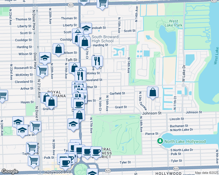 map of restaurants, bars, coffee shops, grocery stores, and more near in Hollywood