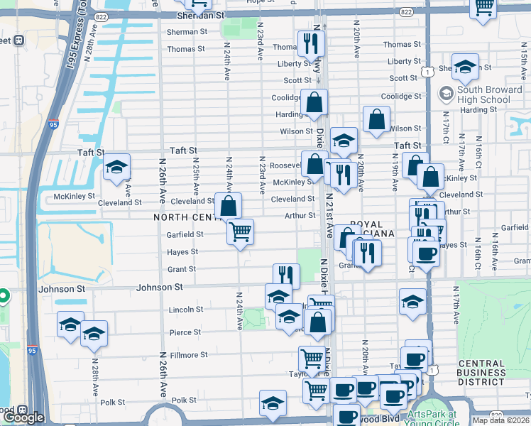 map of restaurants, bars, coffee shops, grocery stores, and more near 2234 Arthur Street in Hollywood