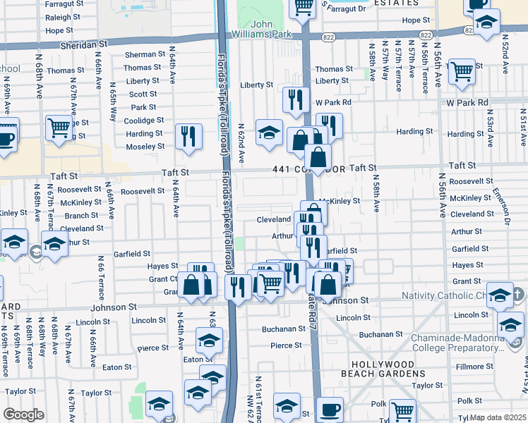 map of restaurants, bars, coffee shops, grocery stores, and more near 6122 Cleveland Street in Hollywood