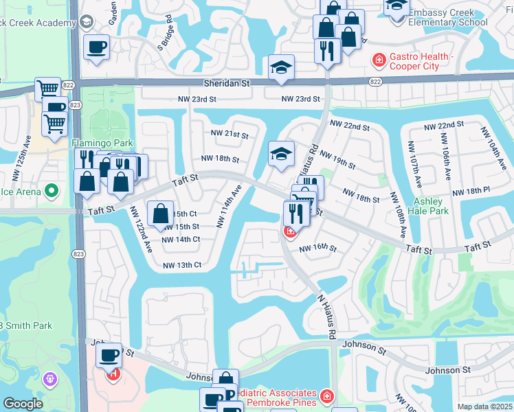 map of restaurants, bars, coffee shops, grocery stores, and more near 11301 Northwest 16th Court in Pembroke Pines