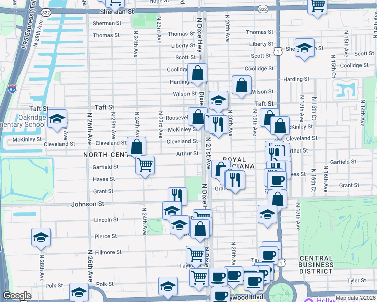 map of restaurants, bars, coffee shops, grocery stores, and more near 1207 North 22nd Avenue in Hollywood