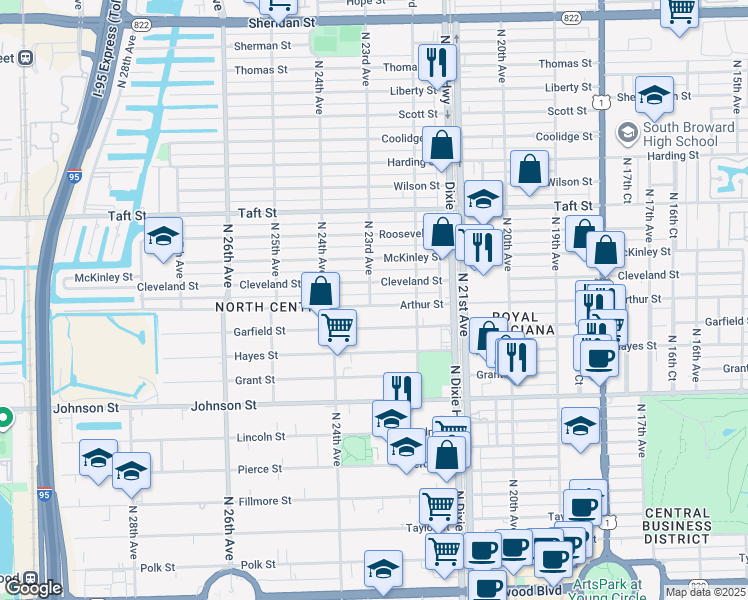 map of restaurants, bars, coffee shops, grocery stores, and more near 2234 Arthur Street in Hollywood