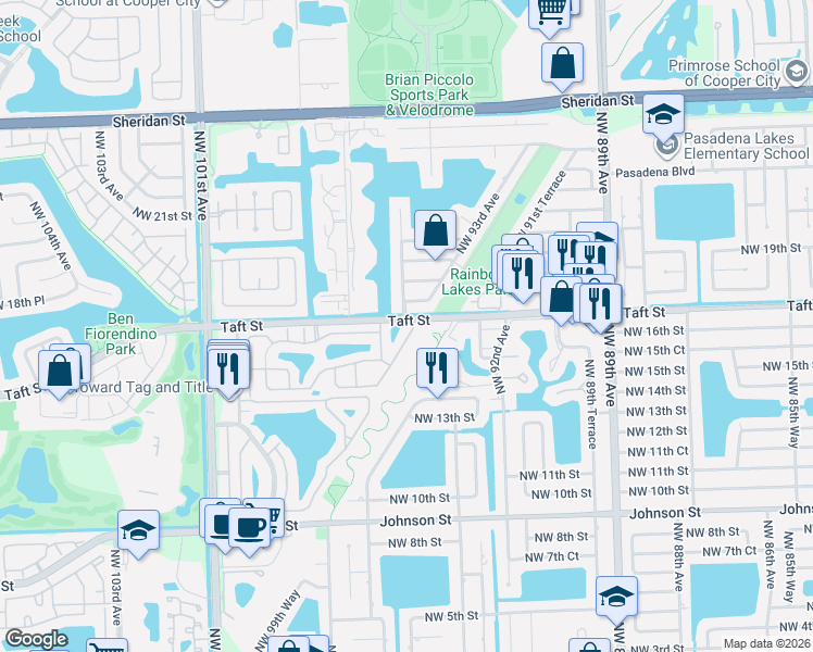 map of restaurants, bars, coffee shops, grocery stores, and more near 1654 Northwest 96th Avenue in Pembroke Pines