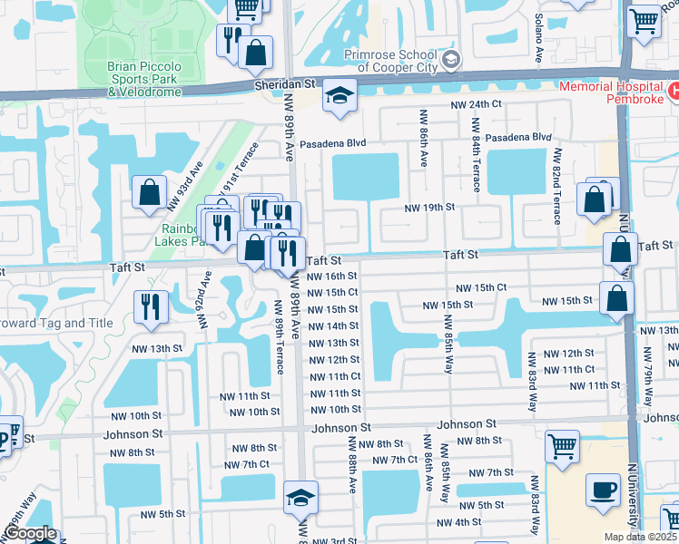map of restaurants, bars, coffee shops, grocery stores, and more near 8781 Northwest 15th Court in Pembroke Pines