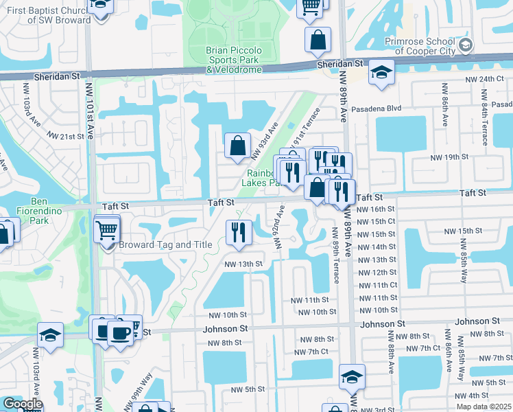 map of restaurants, bars, coffee shops, grocery stores, and more near 1610 Northwest 93rd Avenue in Pembroke Pines